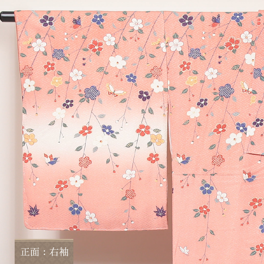 未使用品 訪問着 袷 身丈166cm 裄丈67cm 正絹 Sランク 紋意匠 (紗綾形) セミフォーマル 広衿 XLサイズ ぼかし染 金彩 しつけ糸 蝶 花柄 ピンク系 RP 1217-04567