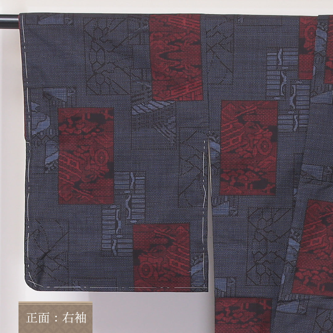 大島紬 袷 身丈160cm 裄64cm 正絹 四角繋ぎ 紺系 しつけ糸 Sランク 1216-01075