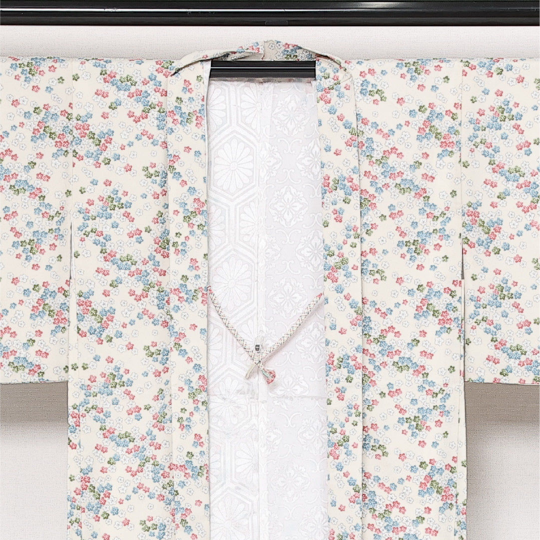 羽織 袷 身丈81cm 裄丈64cm 正絹 Aランク カジュアル Mサイズ 紐あり 花柄 白系 HP 1232-13763