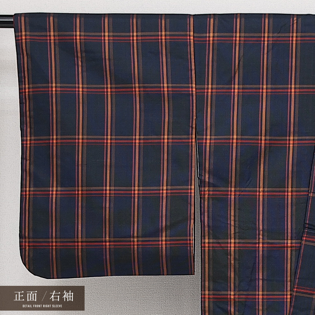 アンサンブル 大島紬 袷 身丈164cm 裄丈64cm 正絹 Aランク インフォーマル バチ衿 Lサイズ 紐あり 格子 紺系 RP 1223-14464