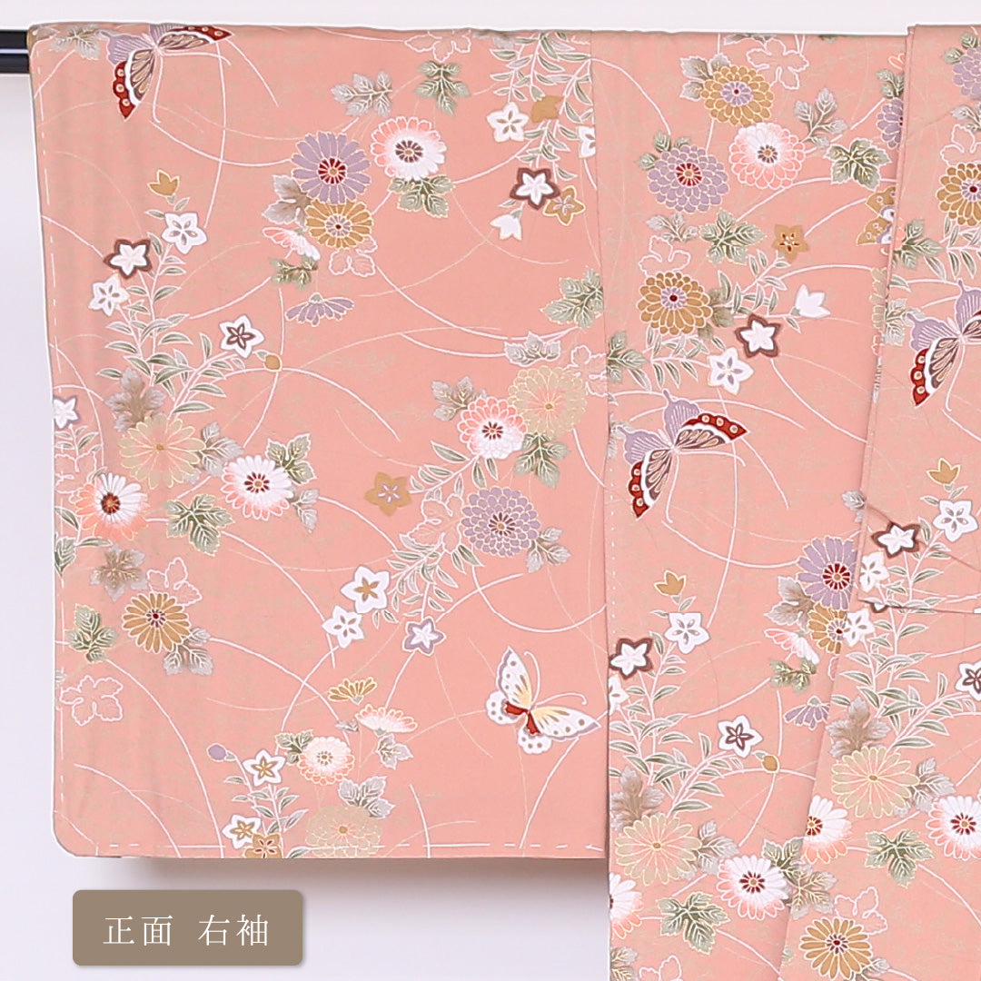 小紋 袷 身丈161cm 裄64cm ピンク系 菊 桔梗や蝶 金彩 正絹 Aランク 1215-01948-3413