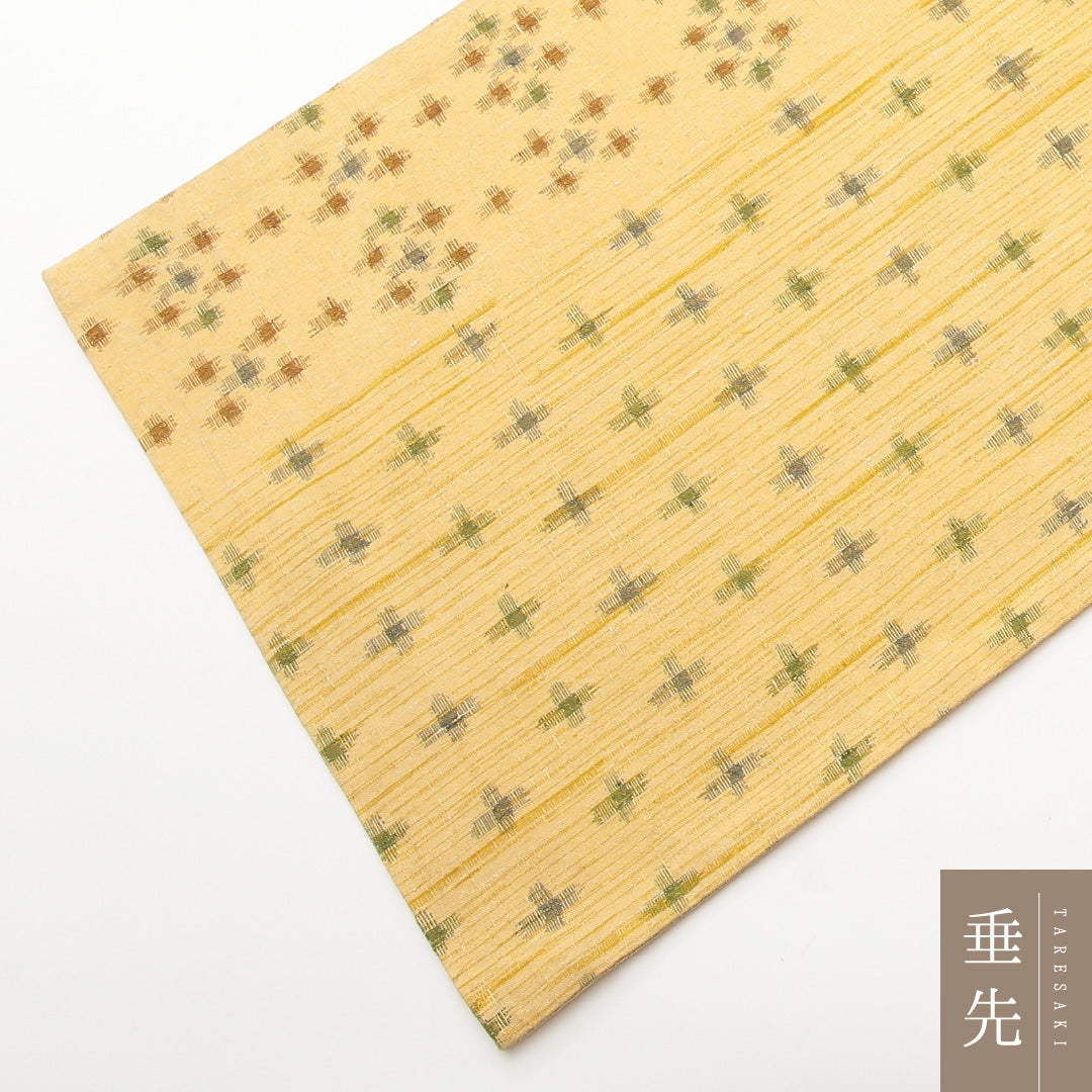 袋帯 紬地 全通 帯丈430cm カジュアル Sランク 正絹 十字絣 黄系 1223-01464