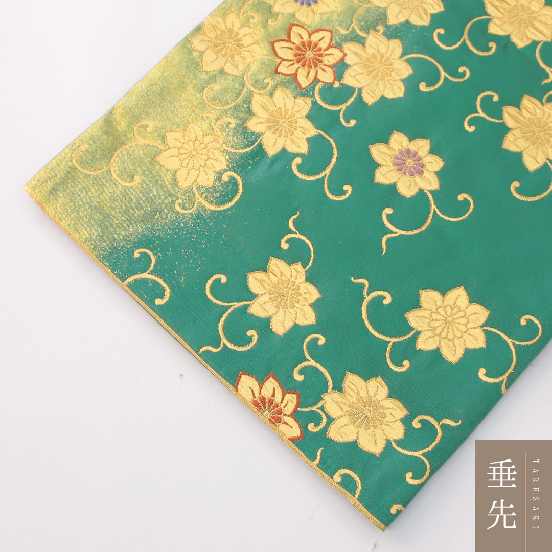 未使用品 袋帯 帯丈440cm 正絹 六通 セミフォーマル 唐草華文 緑系 金系 1243-02309