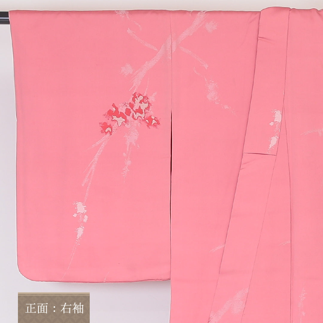アンティーク お召 袷 身丈153cm 裄丈63cm 正絹 Cランク バチ衿 Sサイズ 花柄 ピンク系 PO 1222-03371