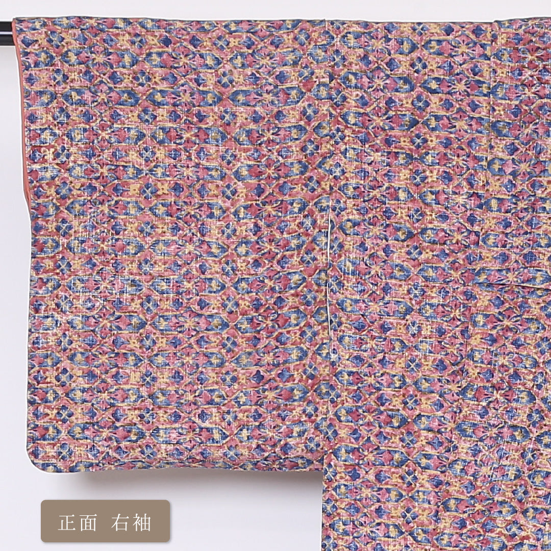 小紋 袷 身丈149cm 裄丈62cm 正絹 Sランク インフォーマル 広衿 XSサイズ 花菱 ピンク系 RP 1221-01943