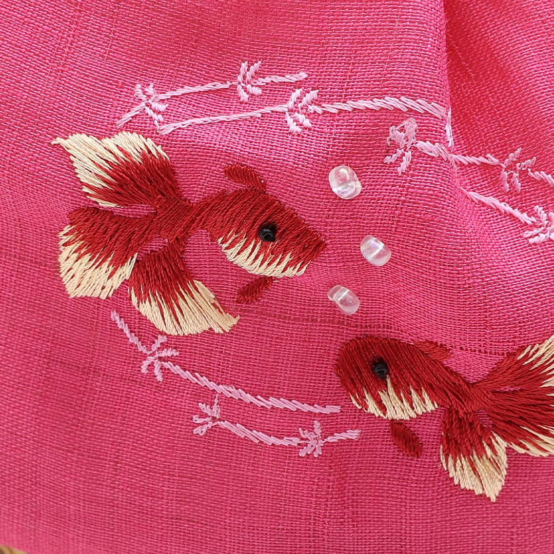 籠 バッグ Sランク ポリエステル 巾着 金魚 刺繍 ピンク系 1222-00415