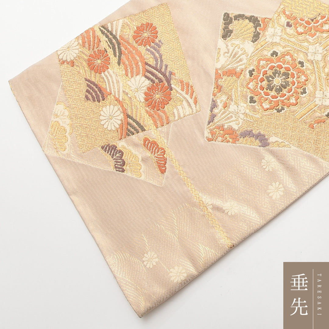 本金二重箔 袋帯 全通 帯丈422cm フォーマル Aランク 正絹 金箔 色紙 宝相華 吉祥文様 ベージュ系 1223-01470
