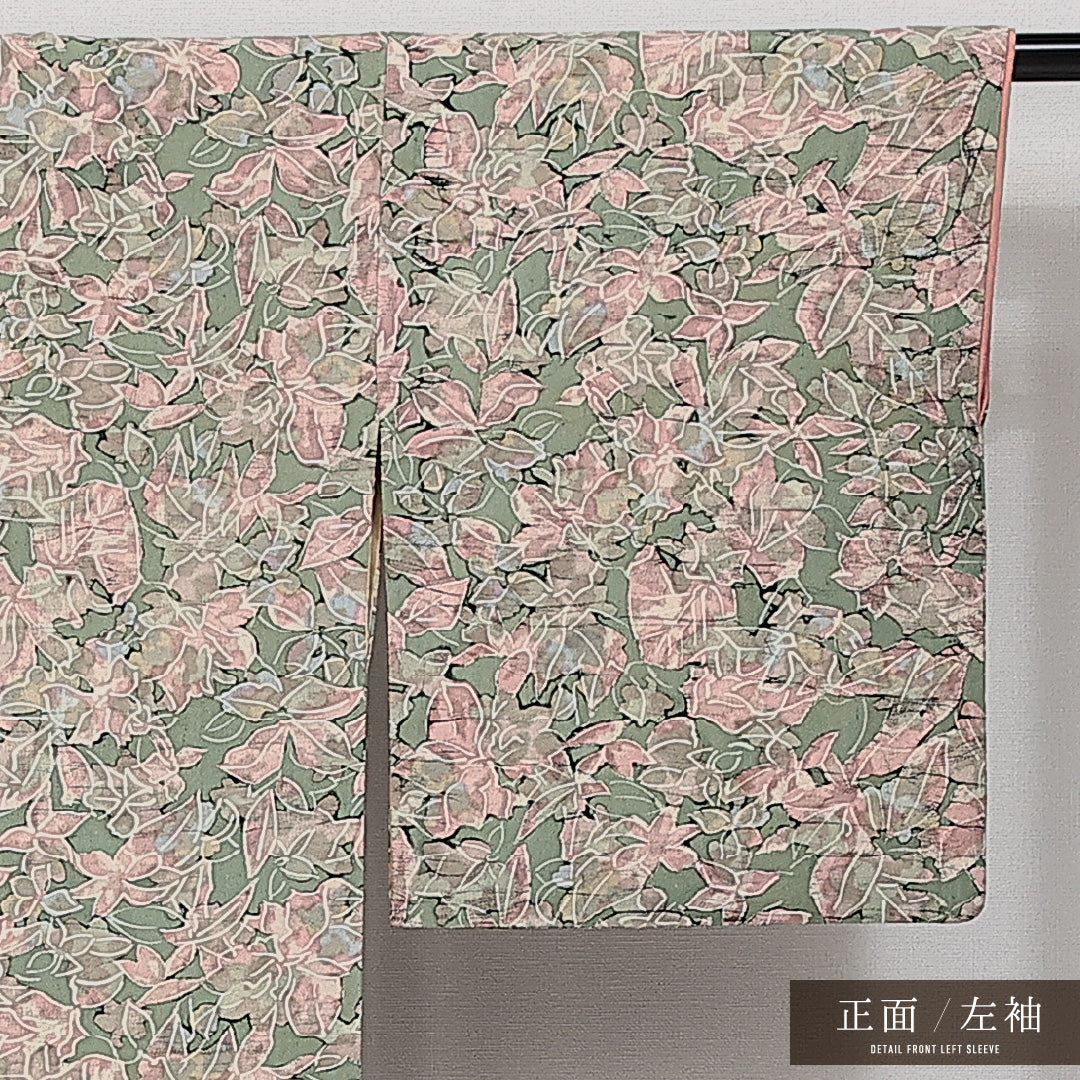 アンティーク 小紋 袷 お召 身丈152cm 裄丈64cm Aランク 正絹 広衿 Sサイズ 花柄 植物柄 可憐 華やか 緑系 ピンク系 1215-14466