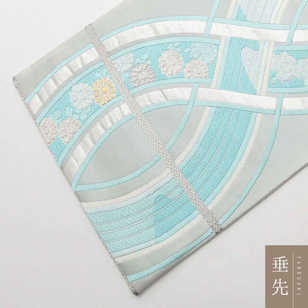袋帯 六通 帯丈424cm 振袖帯 Aランク 正絹 菊 水色系 1223-01471