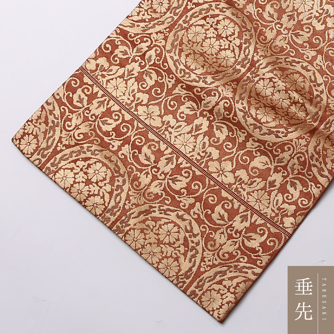袋帯 帯丈432cm 正絹 六通 セミフォーマル 唐草華文 金系 朱系 1243-01601