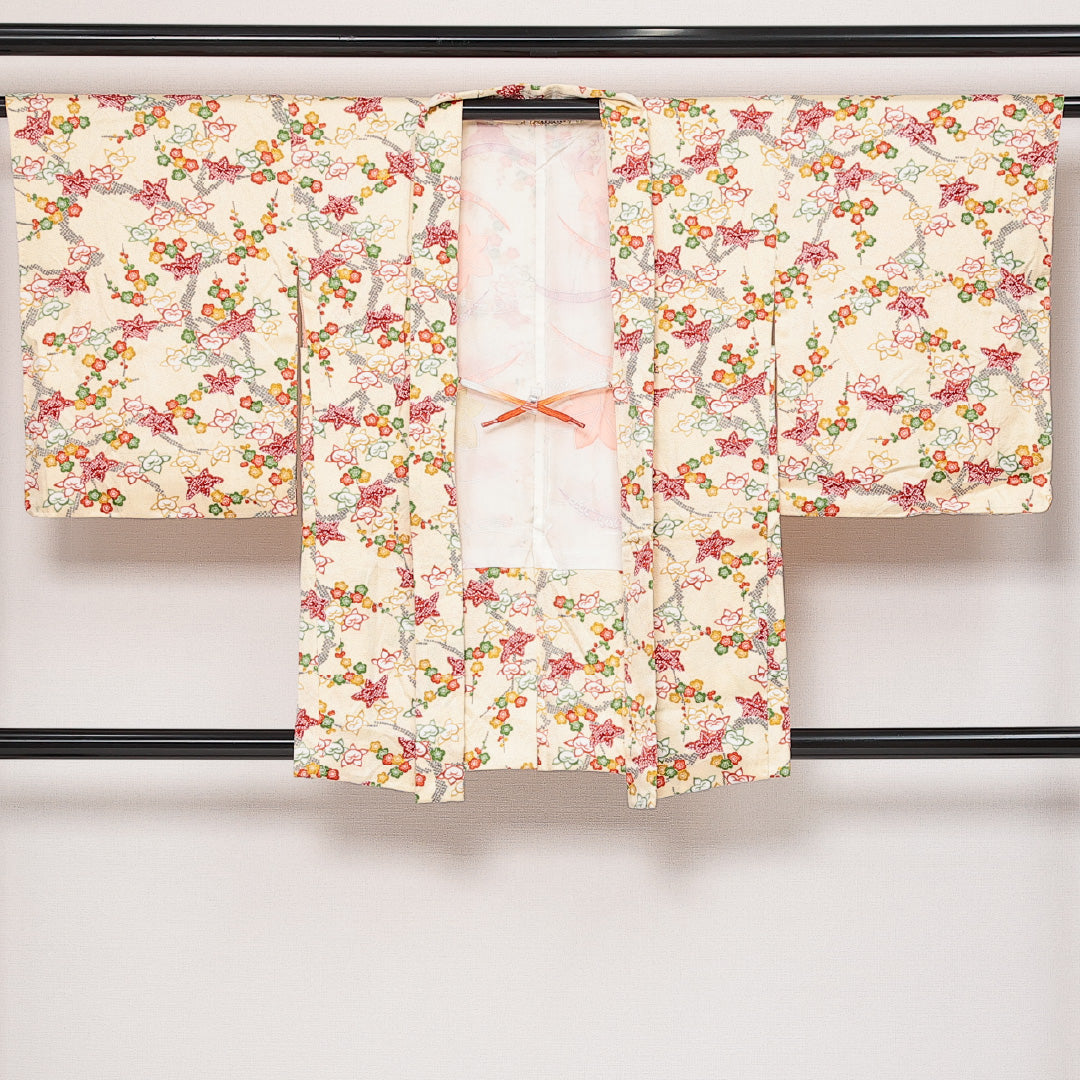 未使用品 羽織 袷 身丈83cm 裄丈64cm 正絹 Sランク カジュアル Mサイズ 紐あり しつけ糸 梅 紅葉 橘 クリーム系 RP 1232-13818