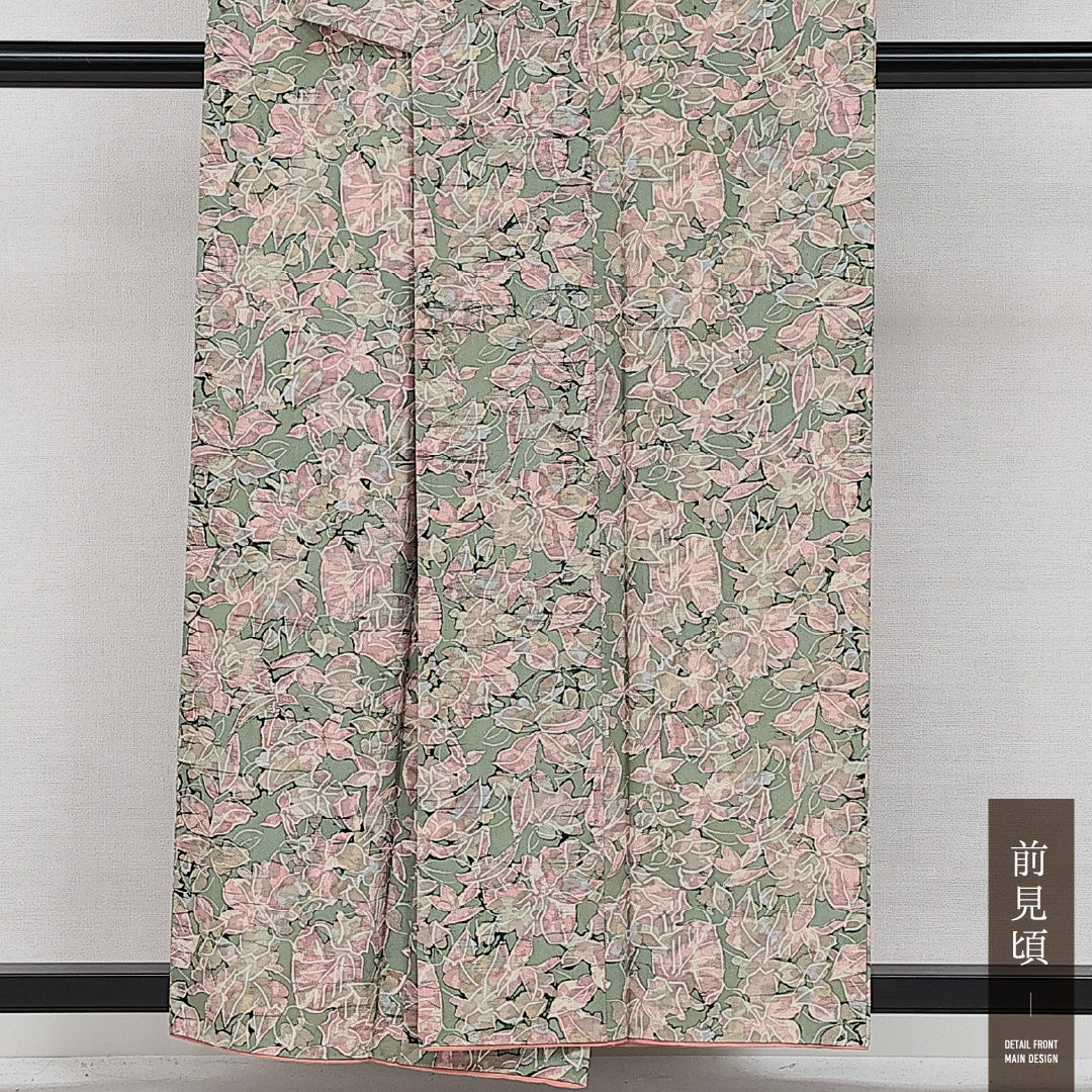 アンティーク 小紋 袷 お召 身丈152cm 裄丈64cm Aランク 正絹 広衿 Sサイズ 花柄 植物柄 可憐 華やか 緑系 ピンク系 1215-14466