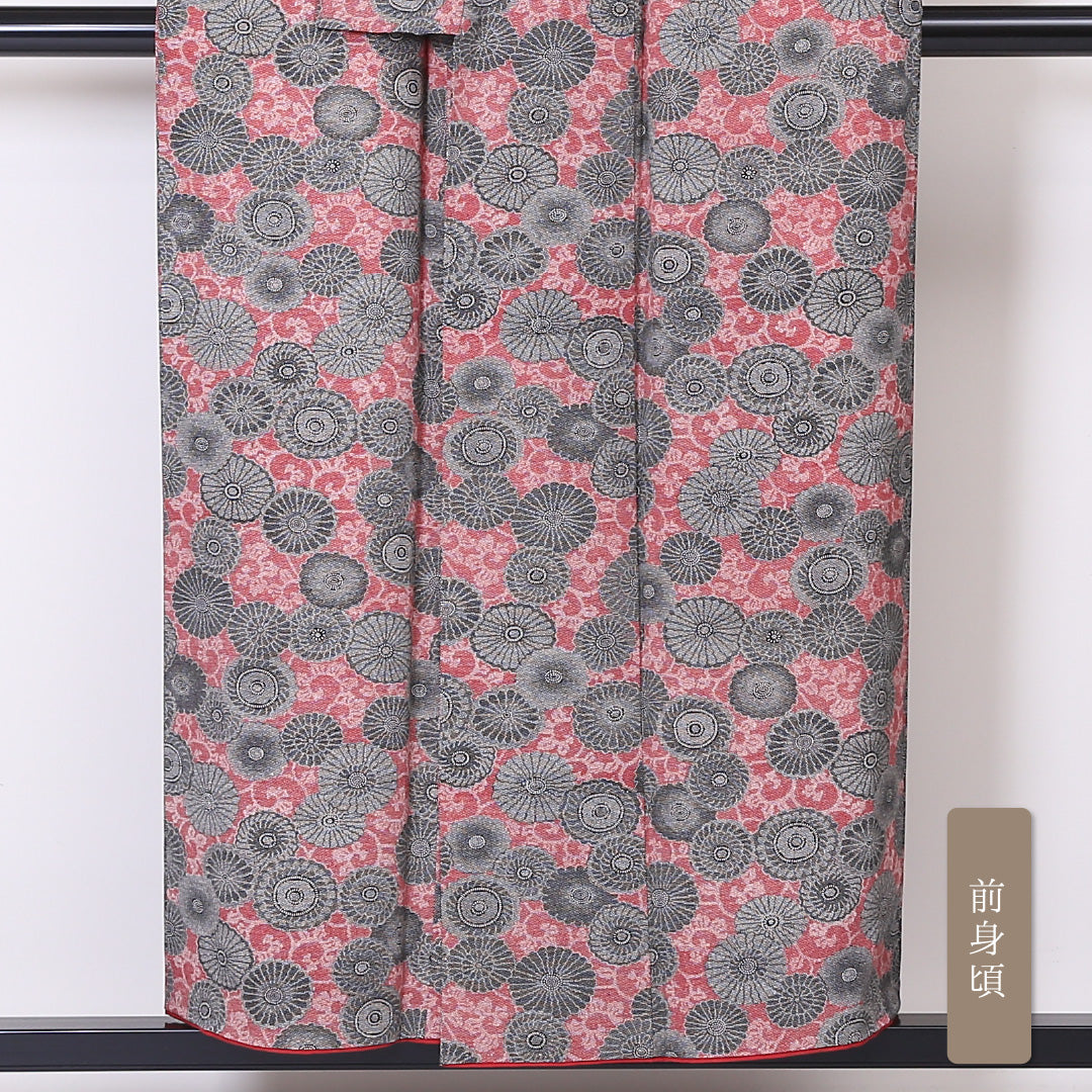 小紋 袷 身丈150cm 裄丈64cm 正絹 Aランク インフォーマル 広衿 Sサイズ 琳派 唐草華文 菊 赤系 RP 1221-01961