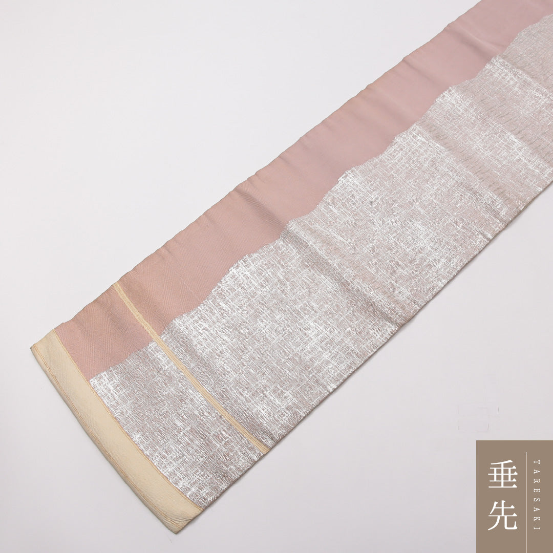 九寸名古屋帯 Cランク 帯丈368cm 正絹 六通 名古屋仕立て 織り インフォーマル 創作柄 クリーム系・ピンク系 RP 1245-01968