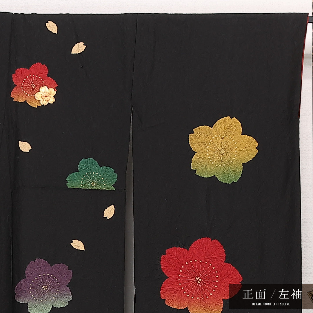 振袖 (長襦袢セット) 身丈168cm 裄丈71cm Sランク 正絹 袷 広衿 XL 絞り 桜 フォーマル レトロ 可愛らしい 黒系 1213-F0569