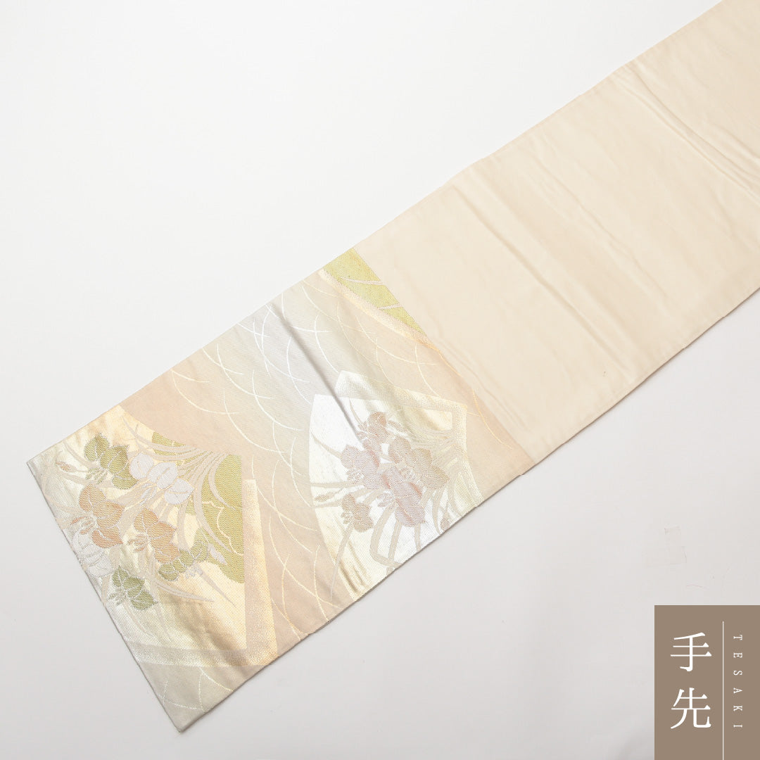 袋帯 六通 帯丈412cm フォーマル Aランク 正絹 扇 菖蒲 クリーム系 1223-01466