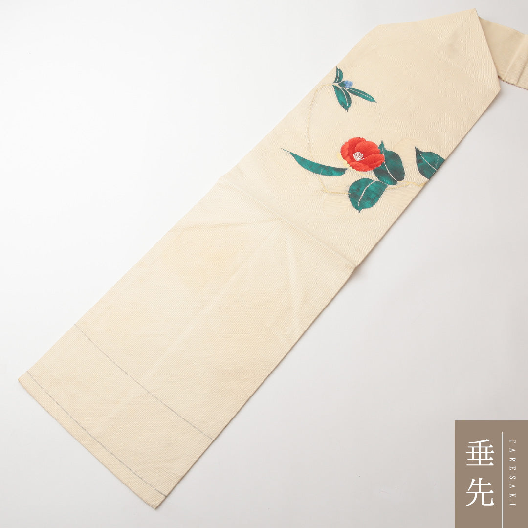 九寸名古屋帯 (夏帯) Cランク 帯丈371cm 正絹 ポイント柄 名古屋仕立て 織り インフォーマル 綴れ織 椿 クリーム系 RP 1245-02174