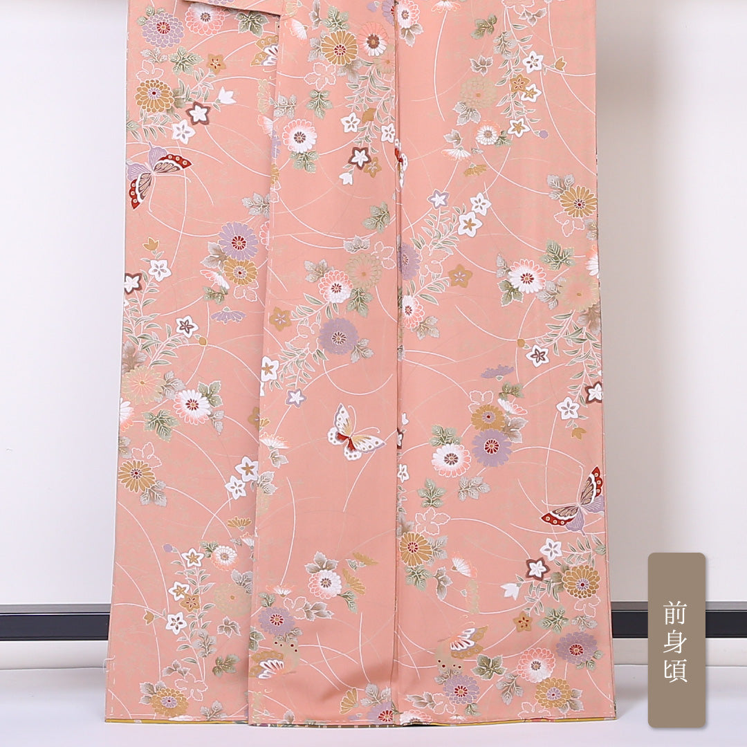 小紋 袷 身丈161cm 裄丈64cm 正絹 Aランク インフォーマル 広衿 Lサイズ 金彩 蝶 花柄 ピンク系 RP 1221-01948