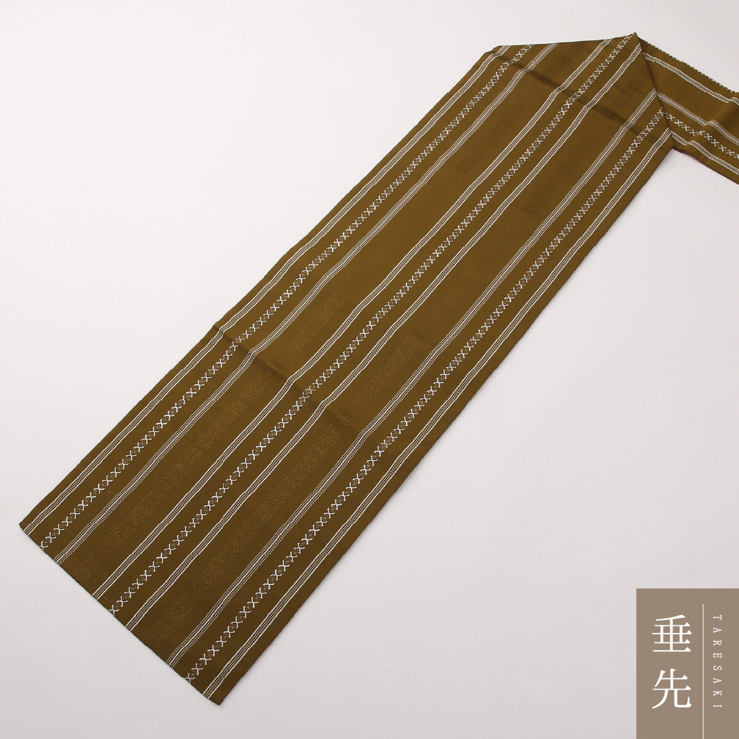 名古屋帯 全通 帯丈356cm カジュアル Aランク 正絹 本場筑前博多織 献上柄 茶系 1224-02239
