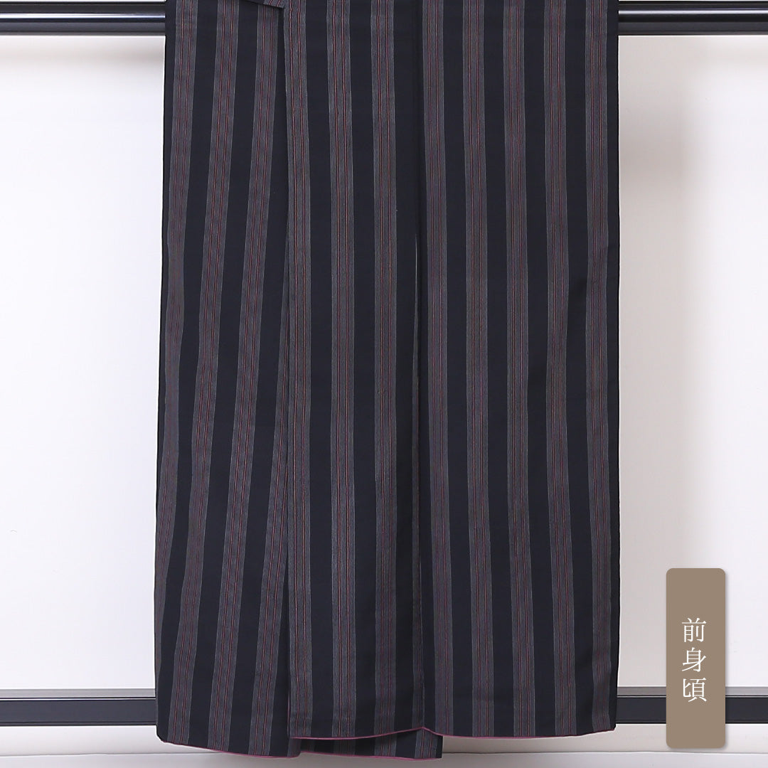 小紋 袷 身丈153cm 裄62cm 黒系 縞 モダン 正絹 Bランク 1215-01950-4210