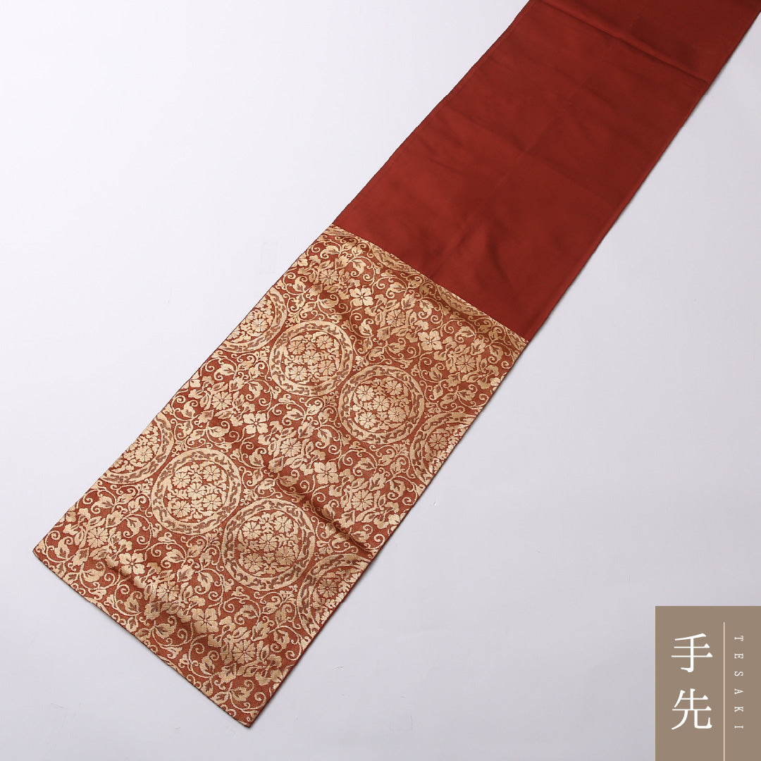 袋帯 帯丈432cm 正絹 六通 セミフォーマル 唐草華文 金系 朱系 1243-01601