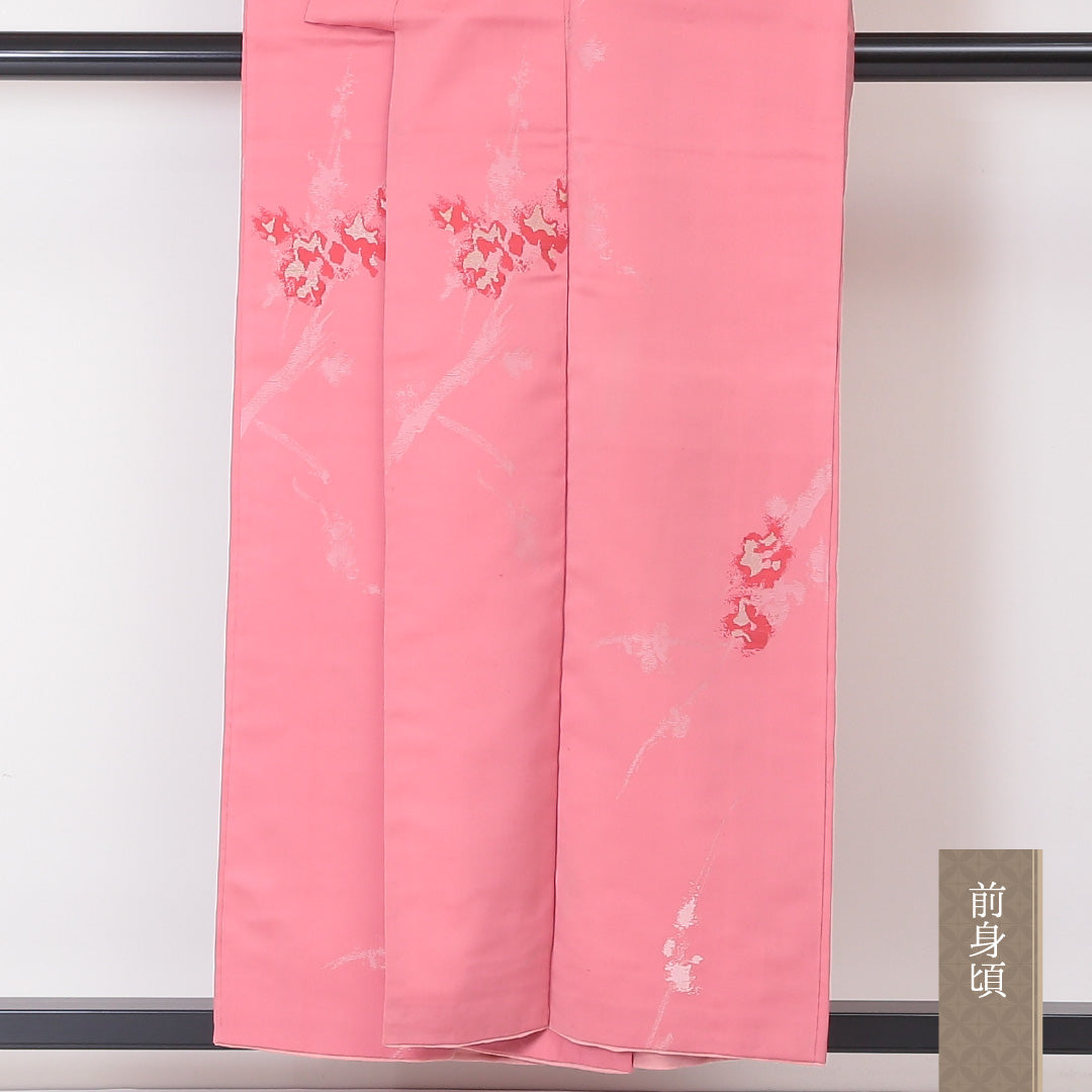アンティーク お召 袷 身丈153cm 裄丈63cm 正絹 Cランク バチ衿 Sサイズ 花柄 ピンク系 PO 1222-03371