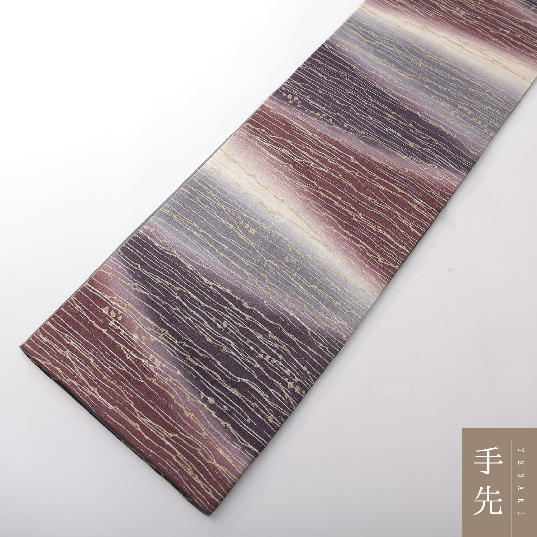 袋帯 帯丈496cm 正絹 全通 染め帯 セミフォーマル 霞 砂子 ガード加工 グレー系 1243-02137