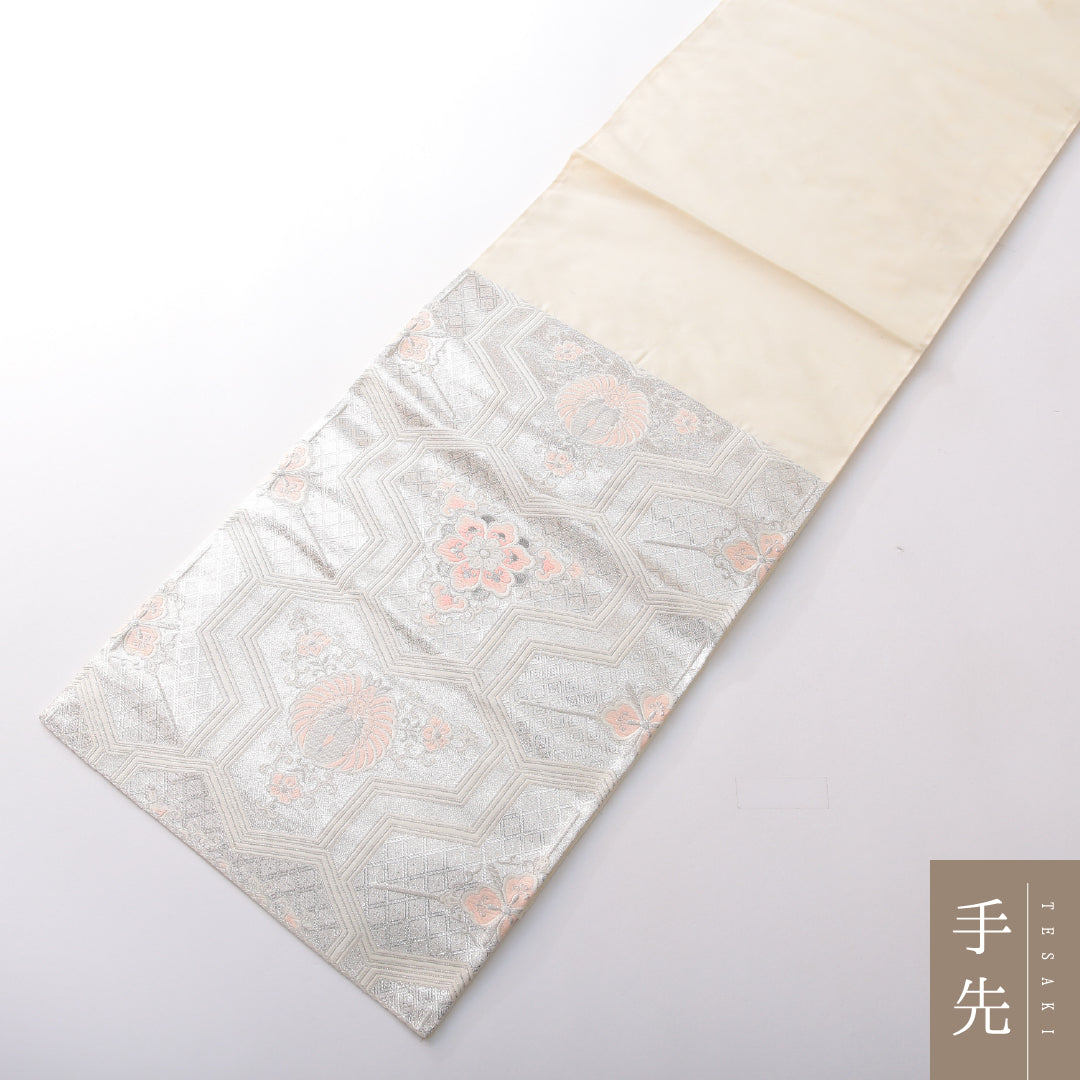 袋帯 帯丈424cm フォーマル 六通 帯芯なし Cランク 正絹 鳳凰 毘沙門亀甲 クリーム系 銀系 1223-02164
