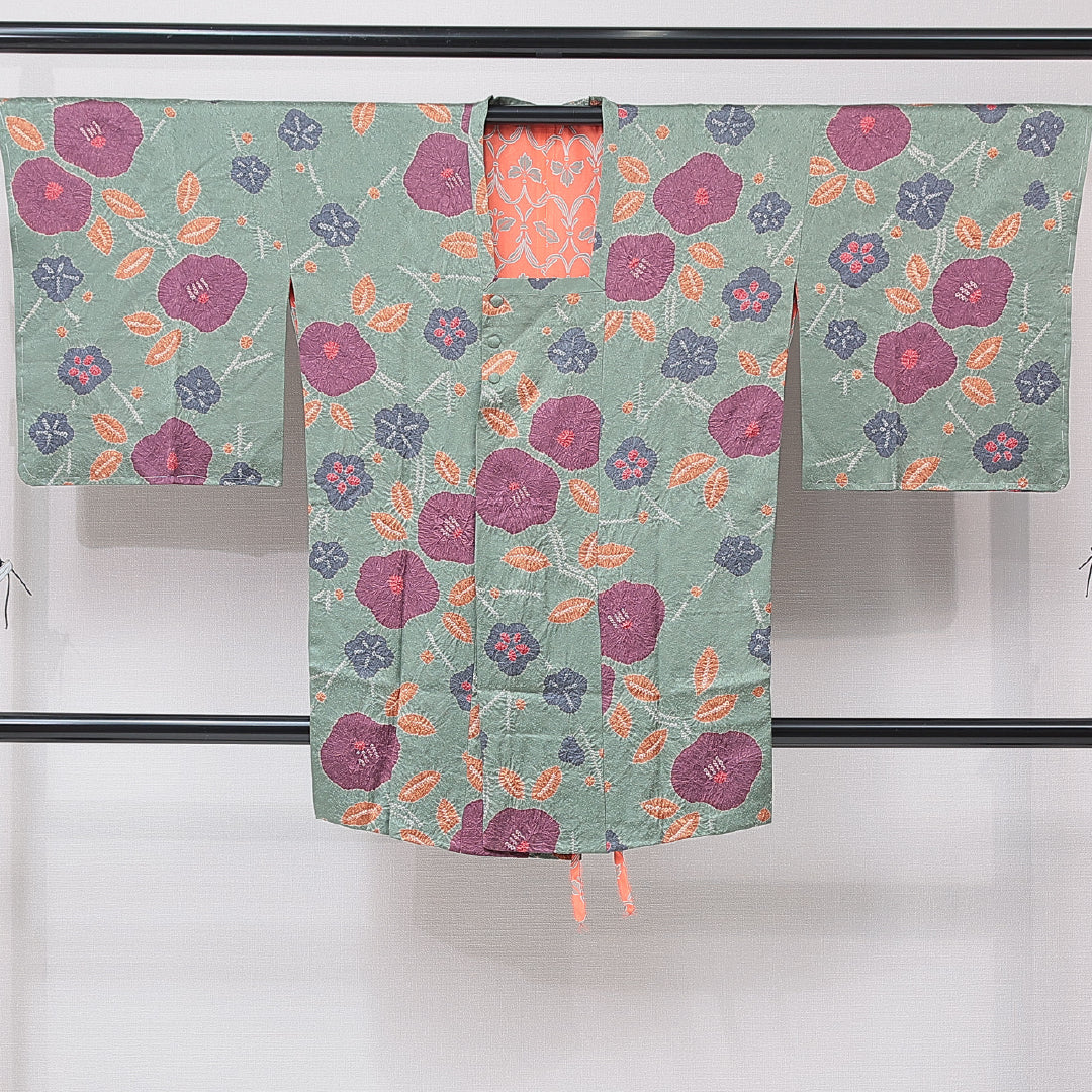 道行コート 袷 身丈90cm 裄丈67cm 正絹 Sランク フォーマル Mサイズ 絞り 椿 可憐 ポップ 緑系 RP 1237-16786