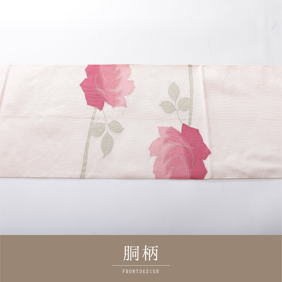 八寸名古屋帯 帯丈355cm インフォーマル 松葉仕立て ポイント柄 Cランク 正絹 綴れ織 薔薇 ピンク系 1224-03940