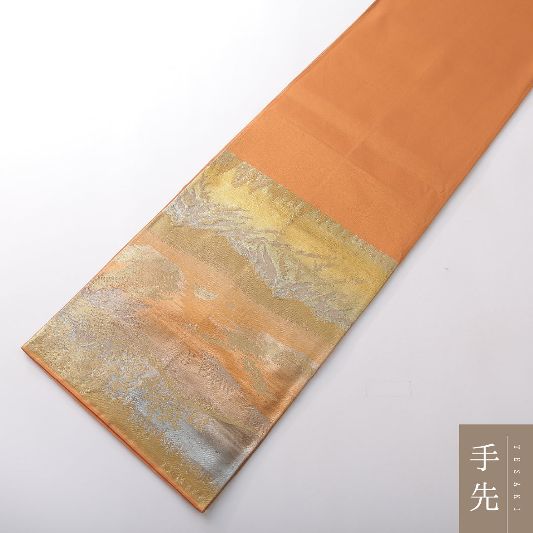 袋帯 帯丈412cm セミフォーマル 六通 Sランク 正絹 山 茶系 1223-02159