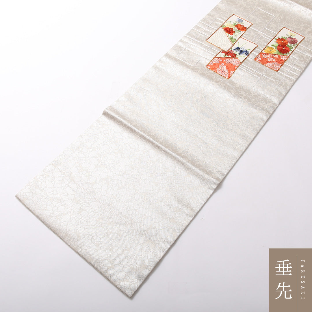 九寸名古屋帯 Aランク 帯丈344cm 正絹 ポイント柄 名古屋仕立て 織り セミフォーマル 菖蒲 菊 銀系 M4 1245-03066
