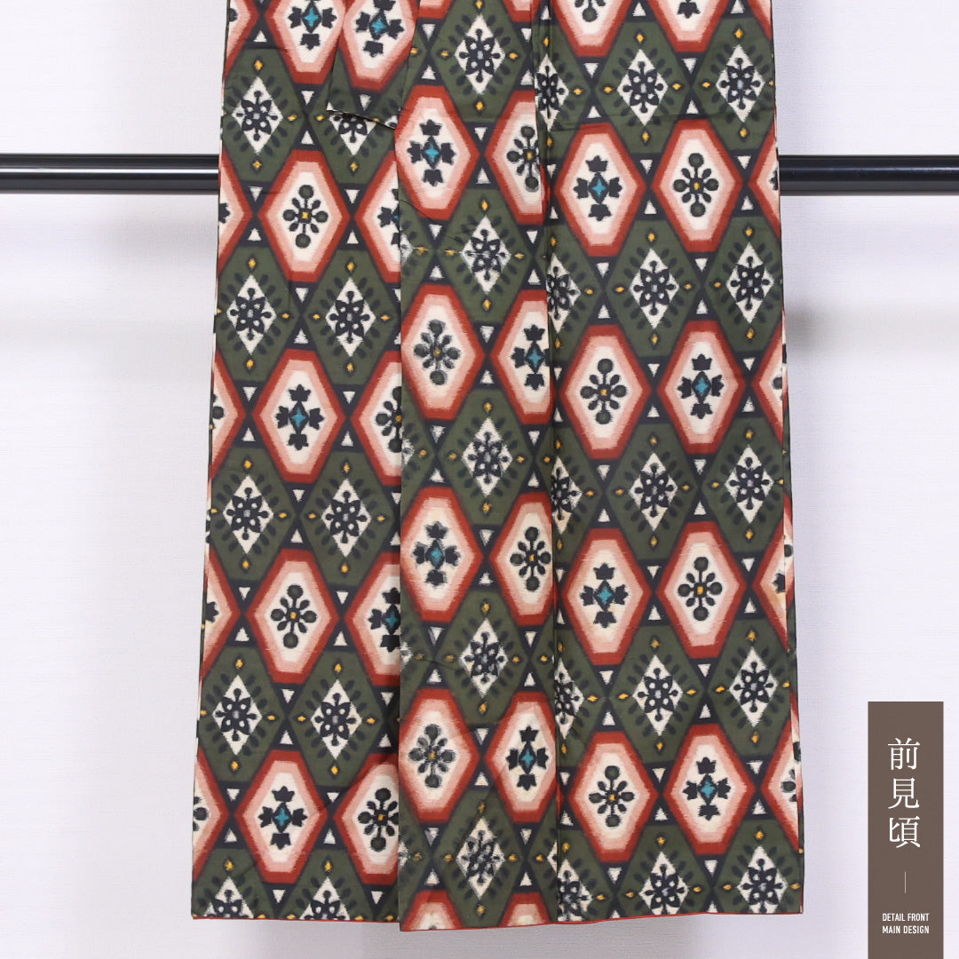 アンティーク 銘仙の着物 袷 身丈144cm 裄丈60cm 正絹 Aランク バチ衿 XSサイズ 花菱 緑系 M4 1223-11463