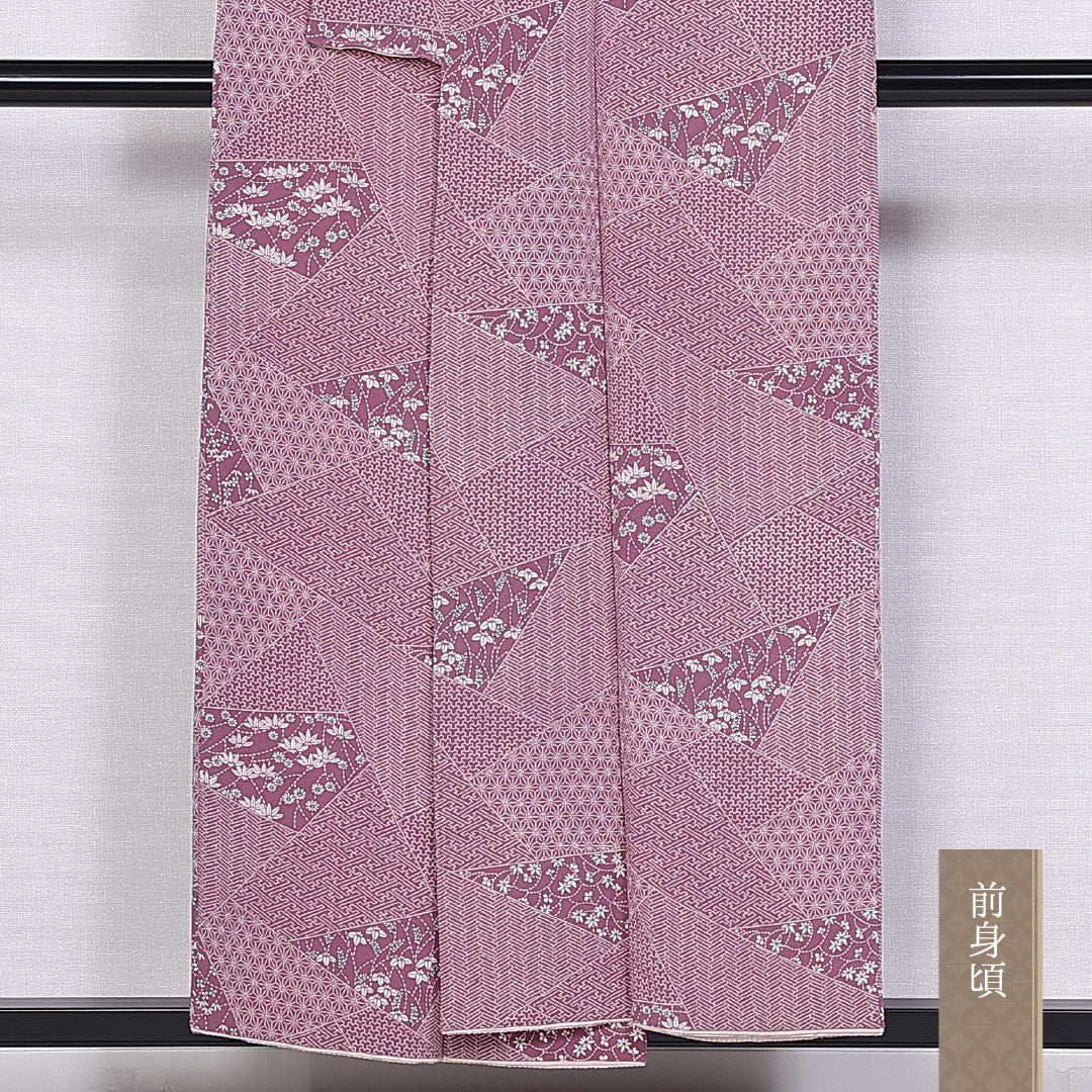 小紋 袷 身丈151cm 裄丈62cm 正絹 Aランク インフォーマル 広衿 Sサイズ 創作柄 紫系 RP 1221-10165
