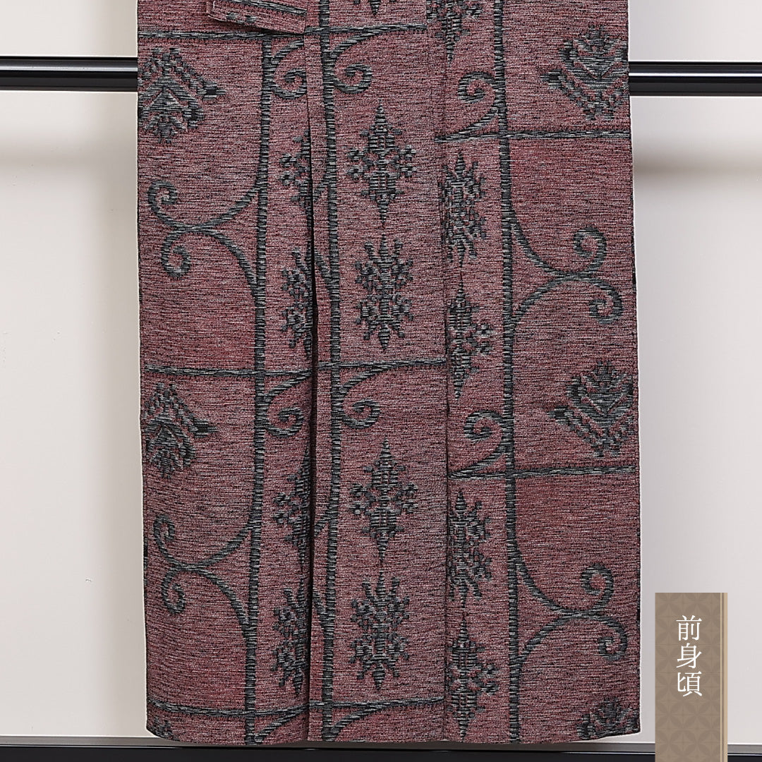 紬 単衣 身丈151cm 裄61cm 正絹 唐草 オリエンタル 肩当て 居敷当て 紫系 Aランク 1216-01313