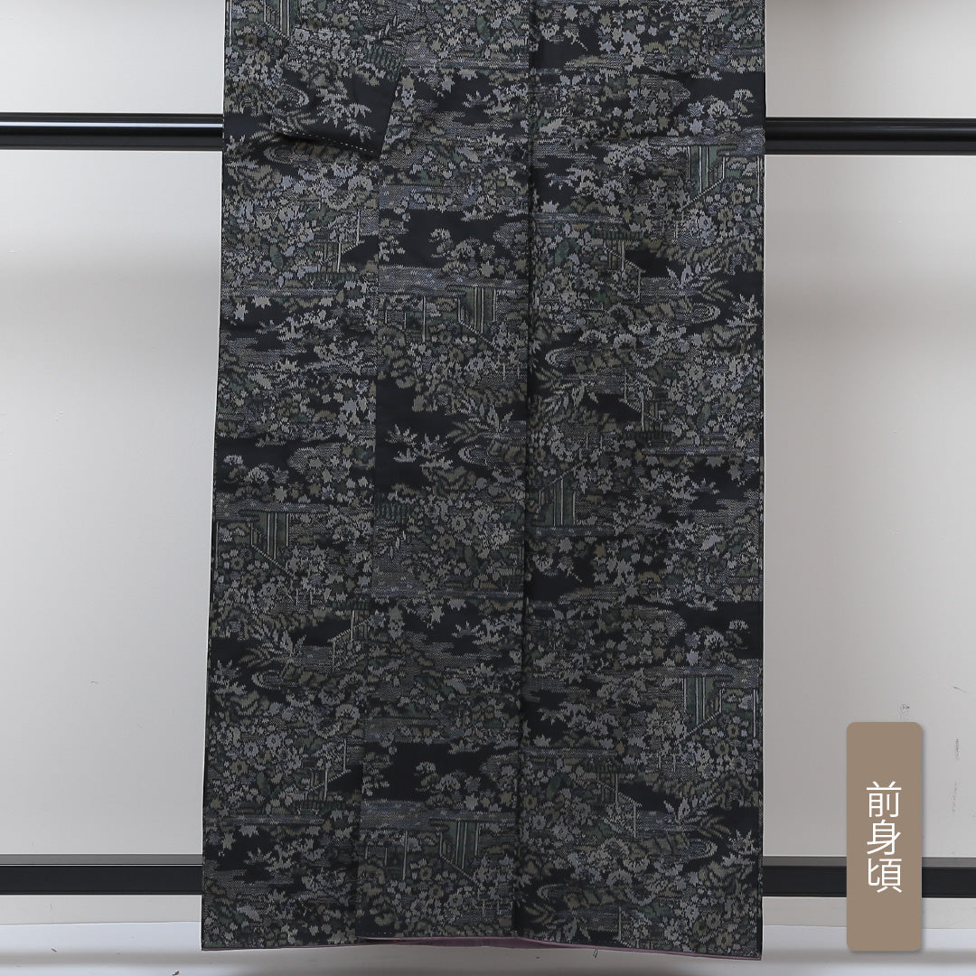 大島紬 袷 身丈158cm 裄丈62cm 正絹 Sランク インフォーマル 広衿 Mサイズ 緯総絣 茶屋辻 黒系 RP 1223-02903