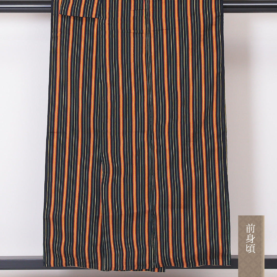 小紋 袷 身丈154cm 裄64cm 正絹 縞 黒系 Aランク 1215-02132