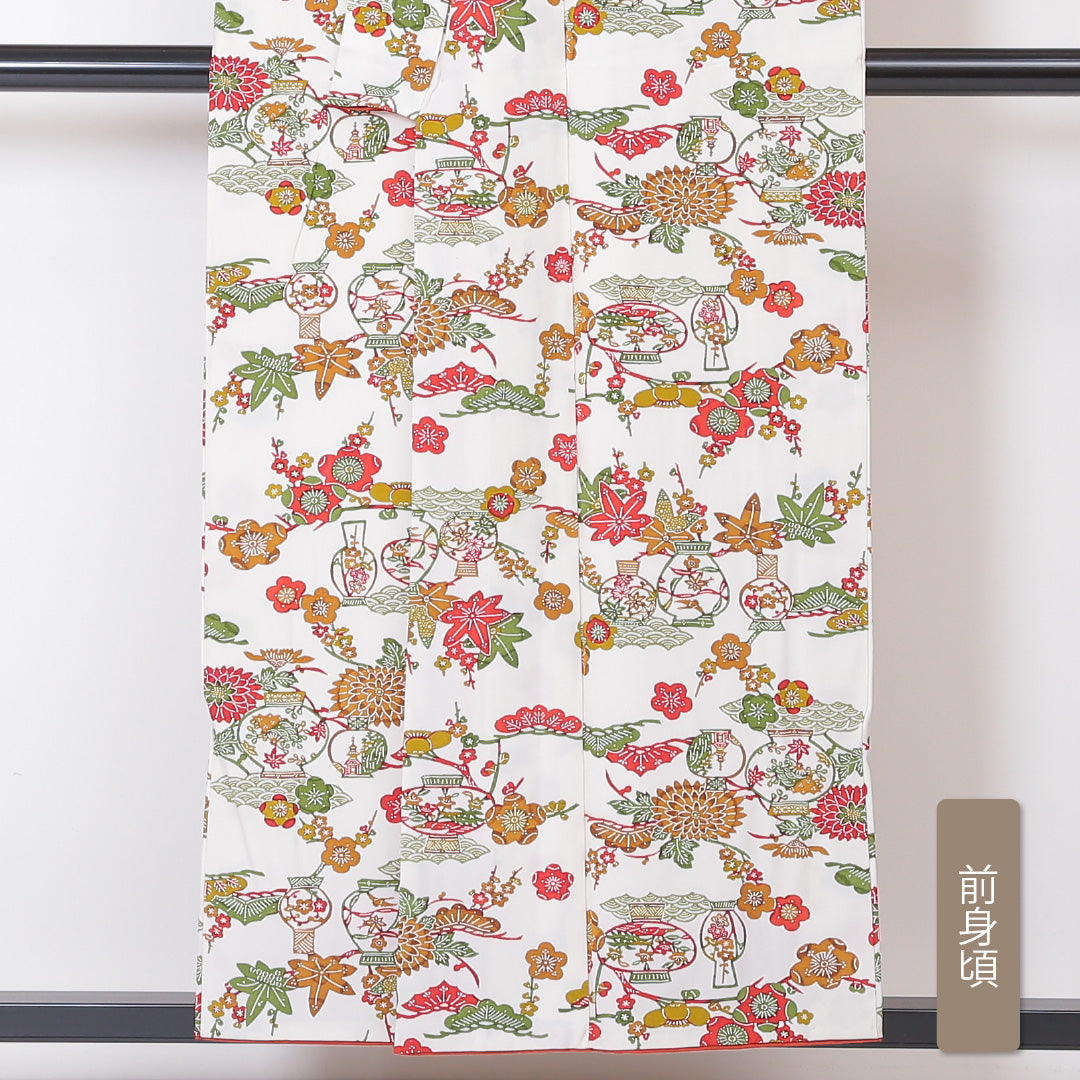 小紋 袷 身丈154cm 裄丈62cm 正絹 Bランク Sサイズ バチ衿 インフォーマル 紅型 花柄 白系 1215-01856