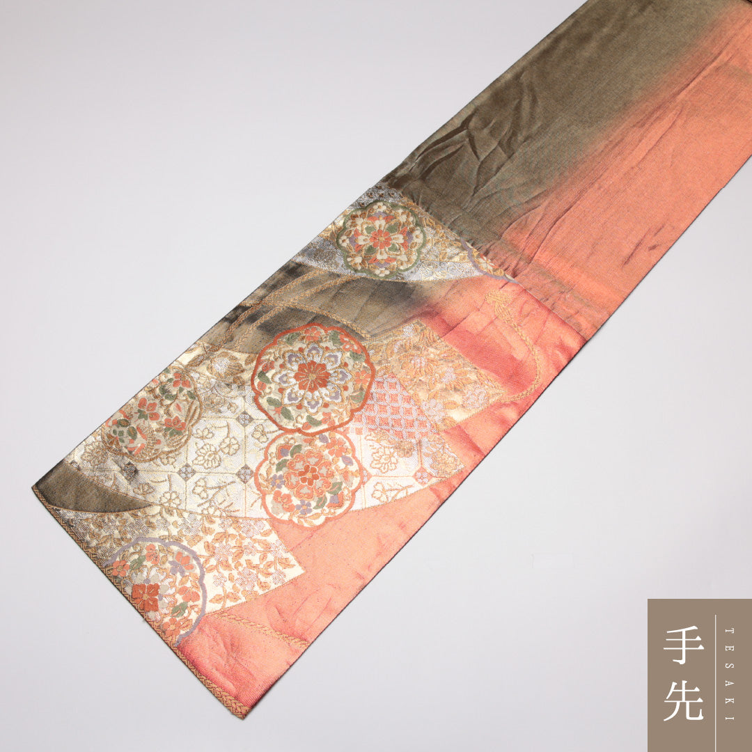袋帯 帯丈428cm 正絹 六通 フォーマル 扇面文 鏡裏文 組紐 赤系 1243-01132