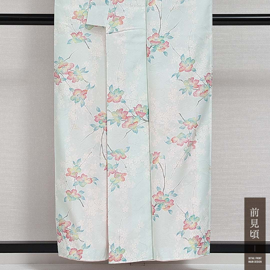 洗える着物 小紋 袷 身丈154cm 裄丈63cm ポリエステル Aランク インフォーマル バチ衿 Sサイズ 花柄 水色系 HP 1221-14284