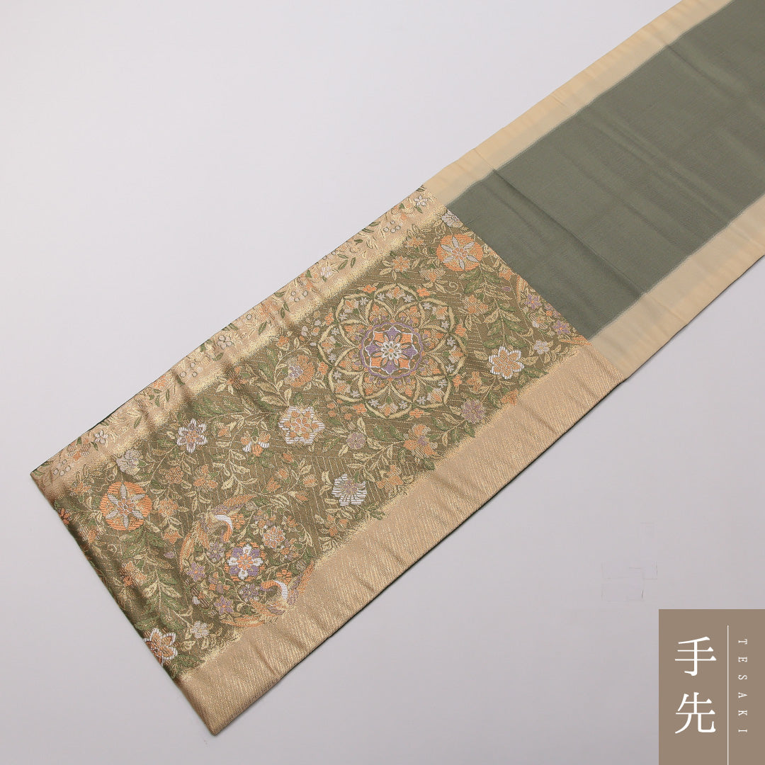 袋帯 六通 帯丈432cm フォーマル Sランク 正絹 金箔 唐草華文 金系 緑系 1223-01450
