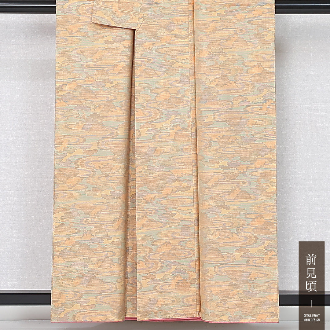 大島紬 袷 身丈157cm 裄丈62cm 正絹 Sランク インフォーマル 広衿 Mサイズ 観世水 クリーム系 RP 1223-12151