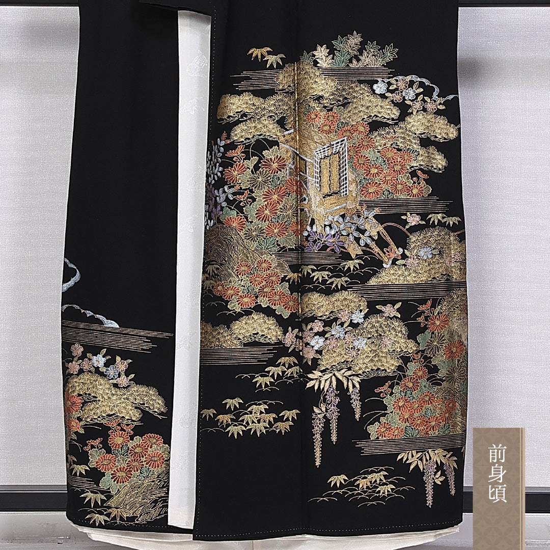 黒留袖 五つ紋 源氏車 身丈155cm 裄丈64.5cm Aランク 正絹 袷 比翼 広衿 M 金箔 御所解 藤 フォーマル 黒系 1211-F0302