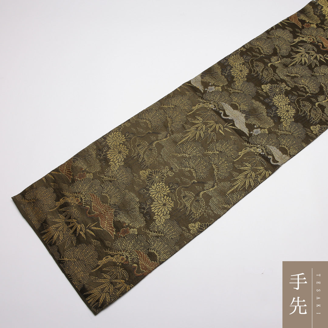 アンティーク 丸帯 帯丈400cm 正絹 全通 琳派 松鶴 緑系 1242-01408