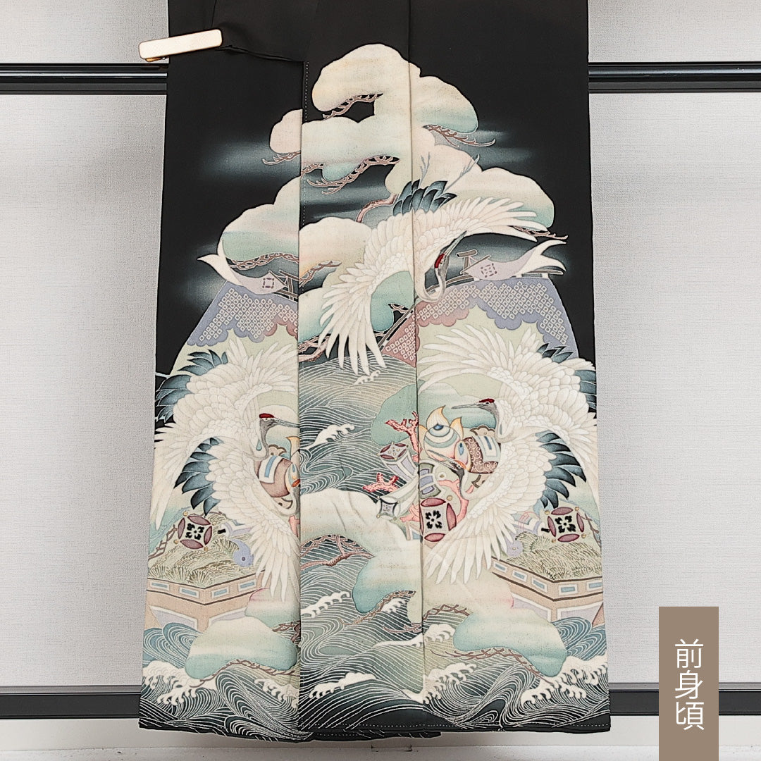 アンティーク 黒留袖 五つ紋 桔梗 身丈152cm 裄丈61cm Cランク 正絹 袷 広衿 S 小鼓 鶴 レトロ 華やか 黒系 1211-F0599
