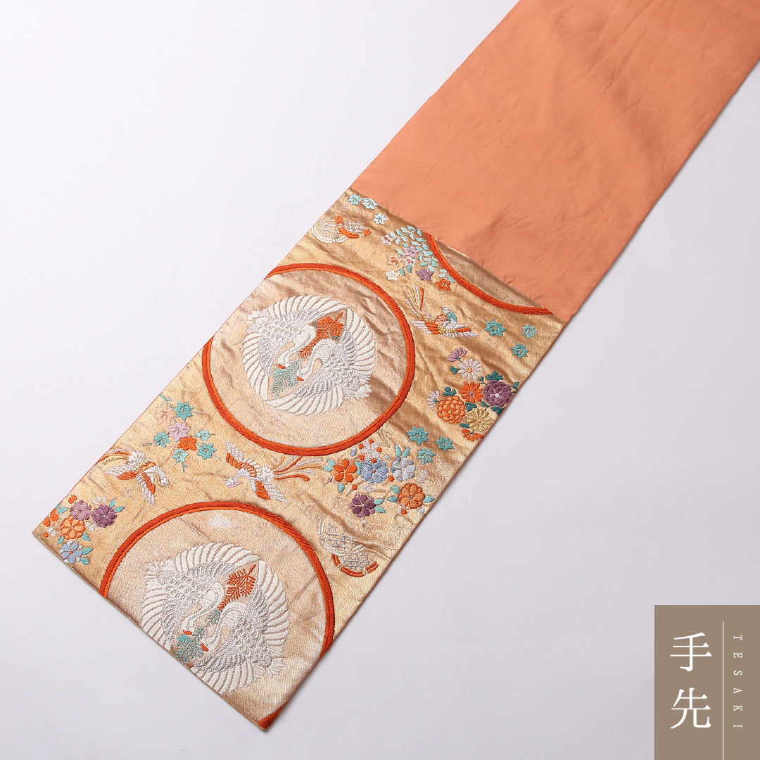 袋帯 帯丈432cm 正絹 六通 フォーマル 鳳凰 丸文 朱系 1243-01578
