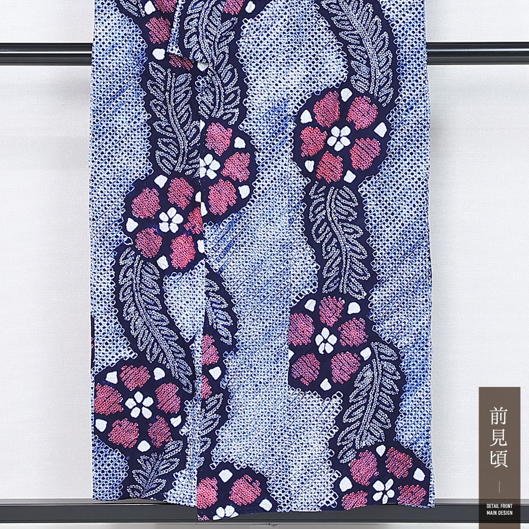 夏物 洗える着物 木綿の有松鳴海絞 (有松鳴海絞) 夏物 身丈151cm 裄丈65cm 木綿 Sランク カジュアル バチ衿 Sサイズ 肩当て ボタニカル 紺系 PO 1225-12132