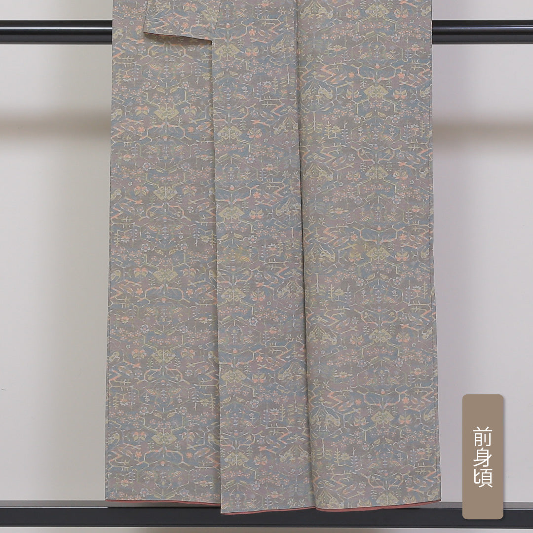 小紋 袷 身丈151cm 裄丈62cm 正絹 Aランク インフォーマル 広衿 Sサイズ 向かい鳥 緑系 RP 1221-01749