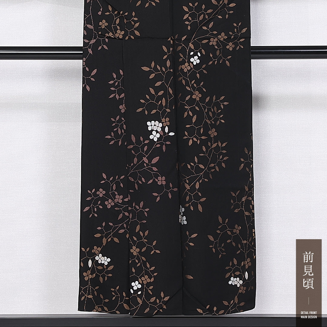 お召 単衣 身丈149cm 裄丈61cm 正絹 Aランク インフォーマル バチ衿 XSサイズ 花柄 黒系 RP 1222-11293