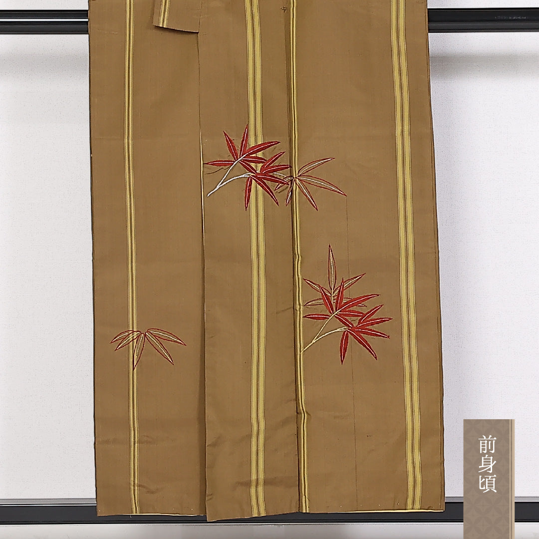 付下げ 袷 身丈151cm 裄丈63cm 正絹 Aランク インフォーマル バチ衿 Sサイズ 刺繍 笹 茶系 RP 1218-04790